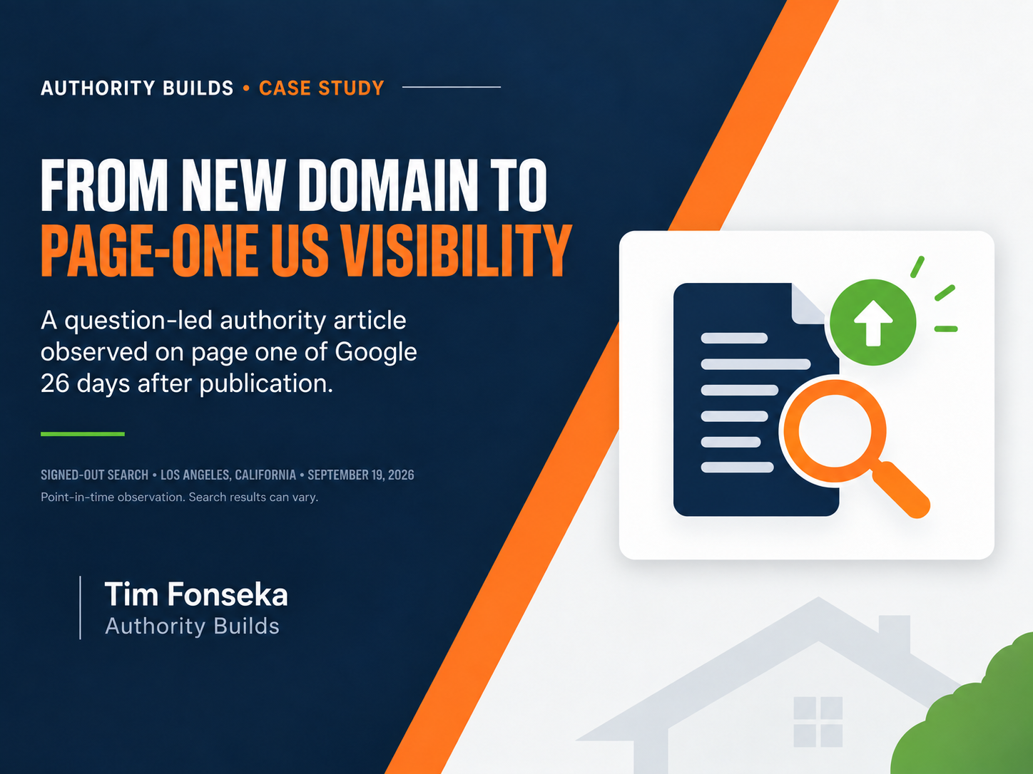 Authority Builds case study: a new Home Project Clarity article observed on page one of a US Google search 26 days after publication
